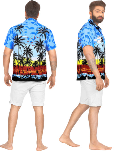 La Leela Men's Summer Palm Tree Beach Shirt Cyan P00005