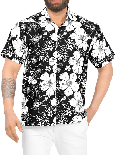 HAPPY BAY Men's Hibiscus Beach Hawaiian Shirt Black P00014