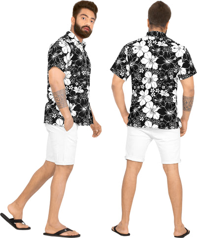 HAPPY BAY Men's Hibiscus Beach Hawaiian Shirt Black P00014