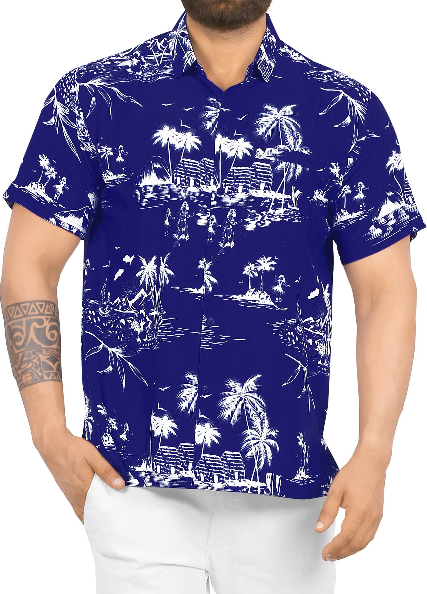 HAPPY BAY Men's Island View Aloha Beach Shirt,Indigo P00024