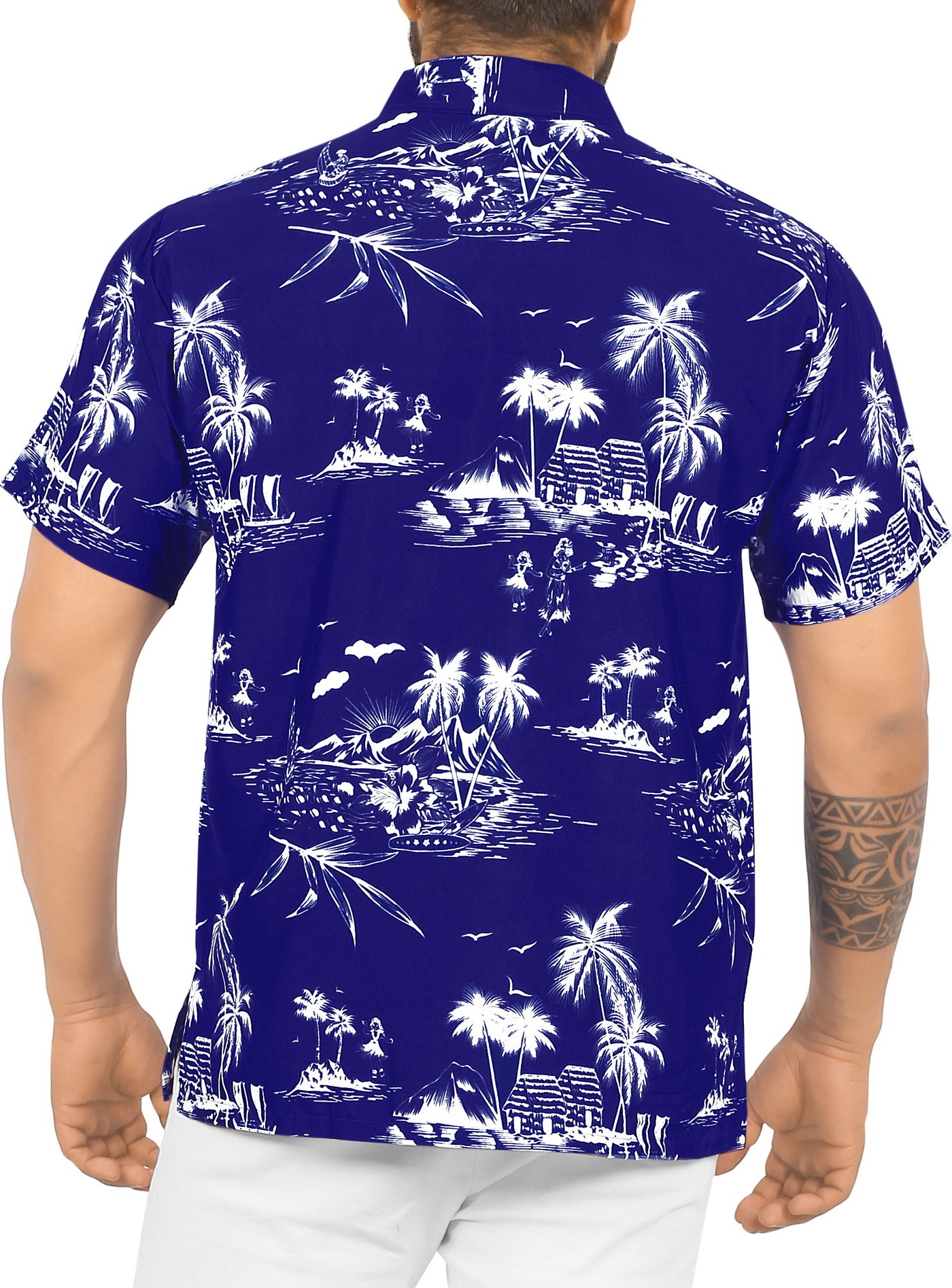 HAPPY BAY Men's Island View Aloha Beach Shirt,Indigo P00024