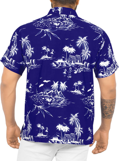HAPPY BAY Men's Island View Aloha Beach Shirt,Indigo P00024