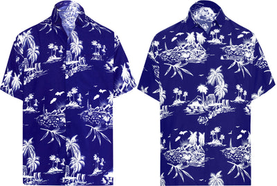 HAPPY BAY Men's Island View Aloha Beach Shirt,Indigo P00024