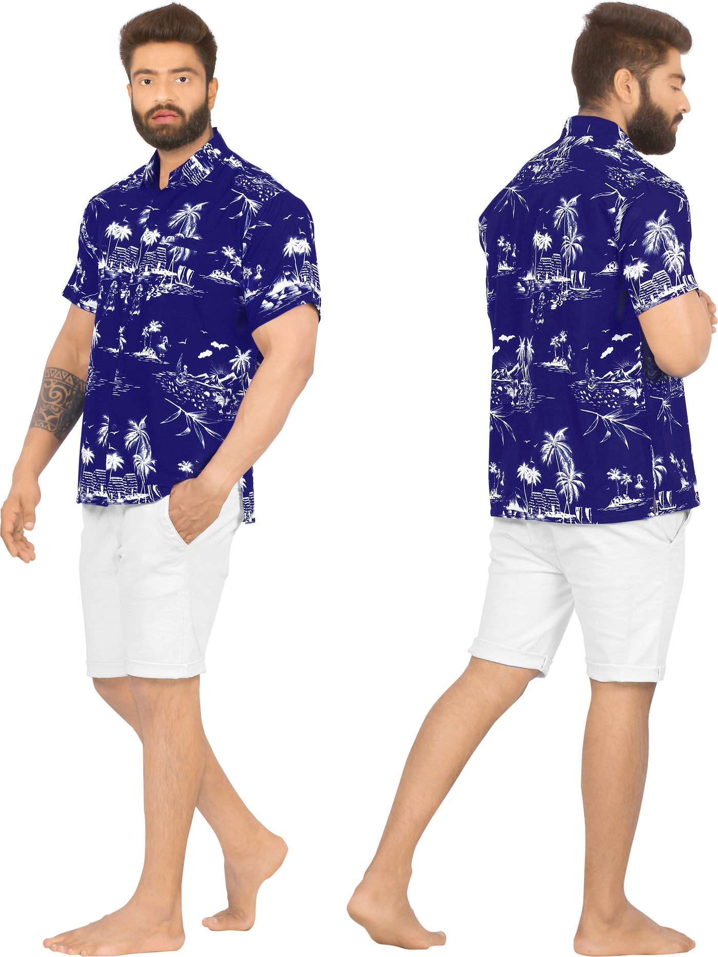 HAPPY BAY Men's Island View Aloha Beach Shirt,Indigo P00024