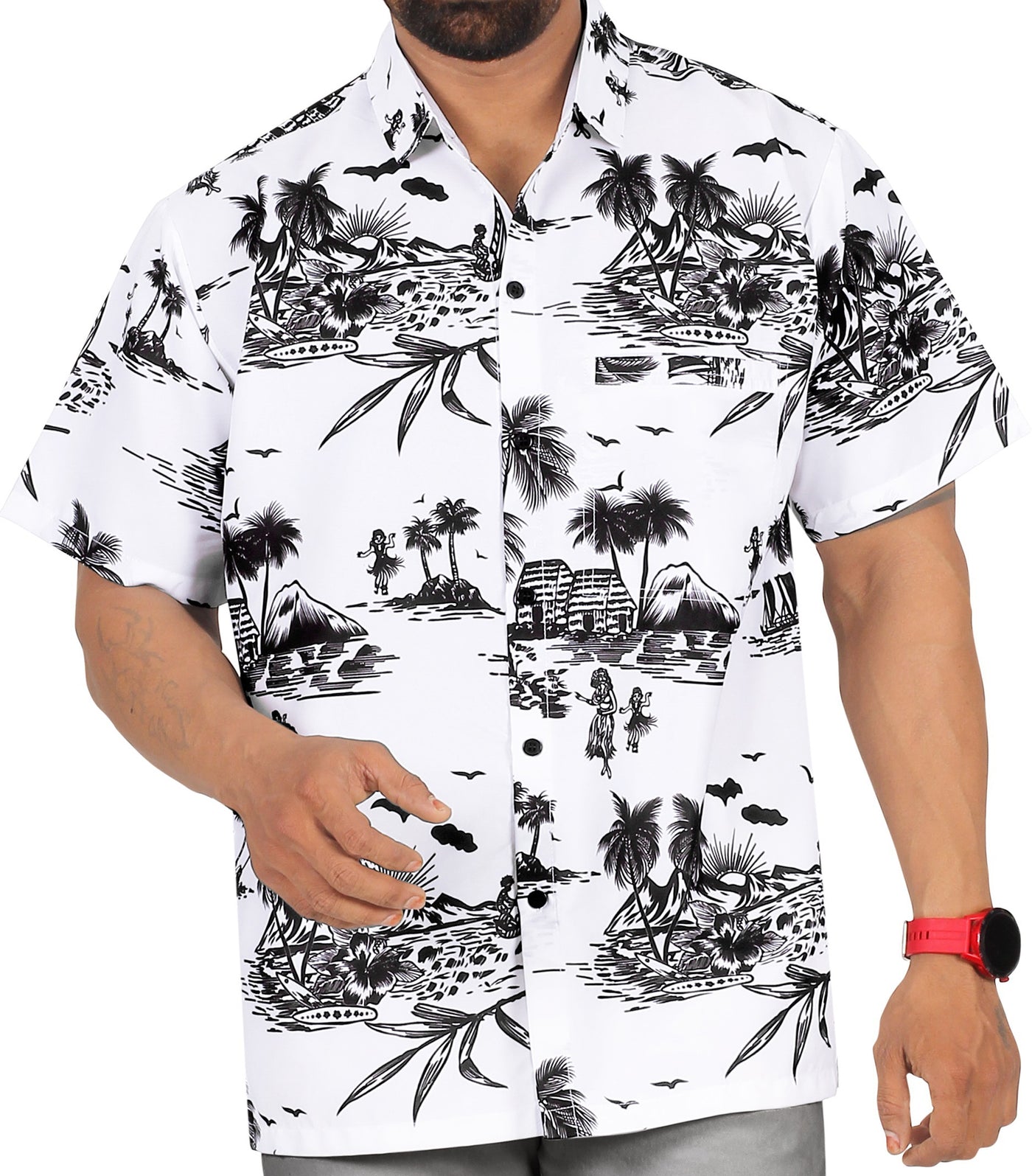 HAPPY BAY Men's Beach Shirt  Tropical Island, White P00025