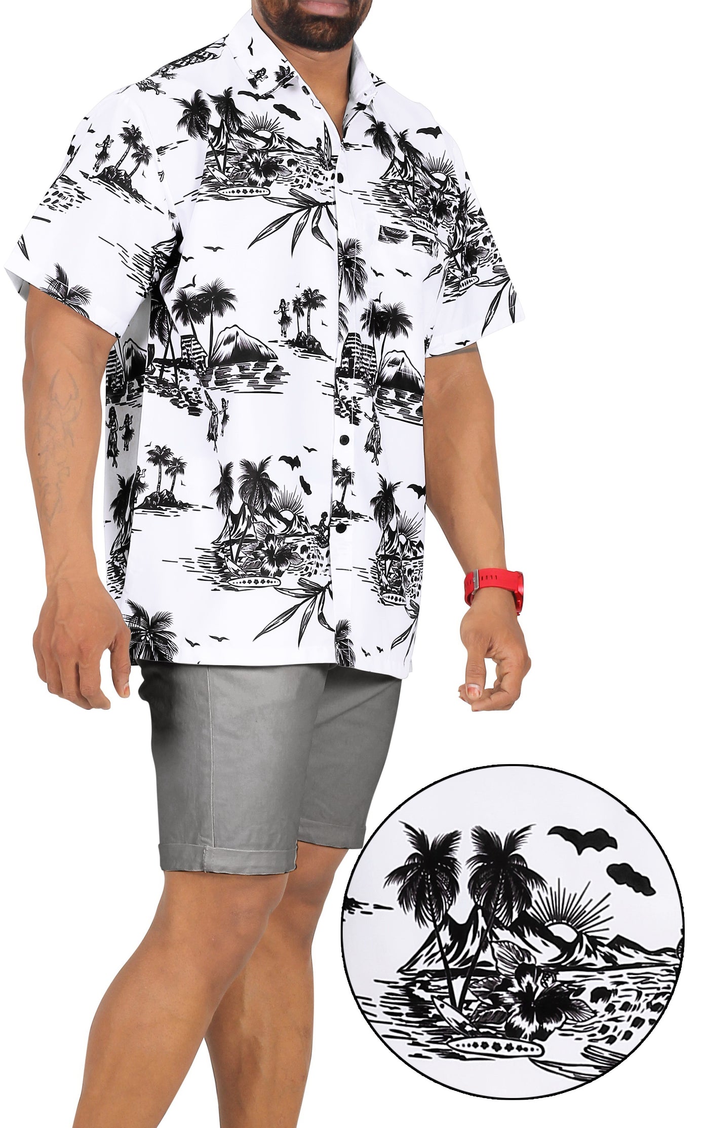 HAPPY BAY Men's Beach Shirt  Tropical Island, White P00025