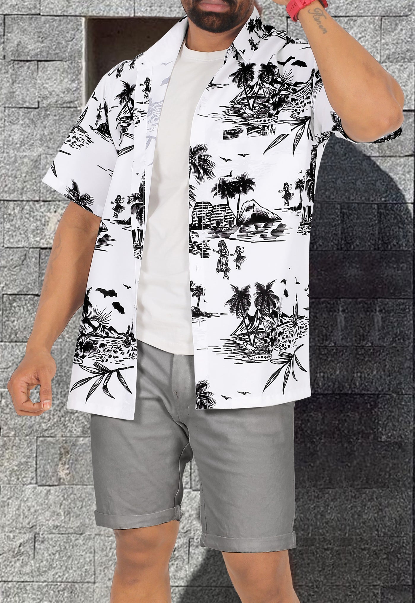 HAPPY BAY Men's Beach Shirt  Tropical Island, White P00025