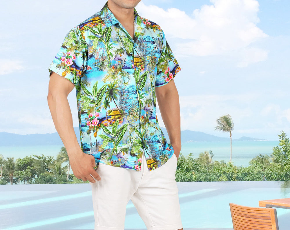 HAPPY BAY Men's Hawaiian Aloha Shirt Button Down - Tropical Summer Cruise Casual Beach Wedding Party Shirt L Multi P00073