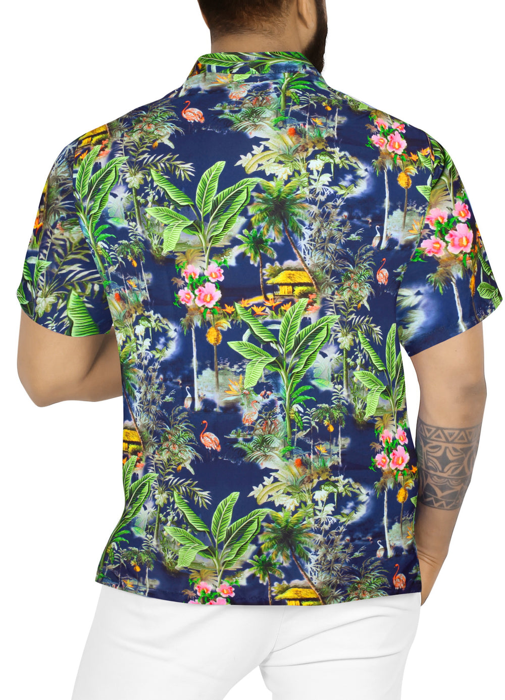 HAPPY BAY Men's Beach Hawaiian Aloha Shirt - Casual Summer Vacation Resort Cruise Button Down Short Sleeve L Navy P00075