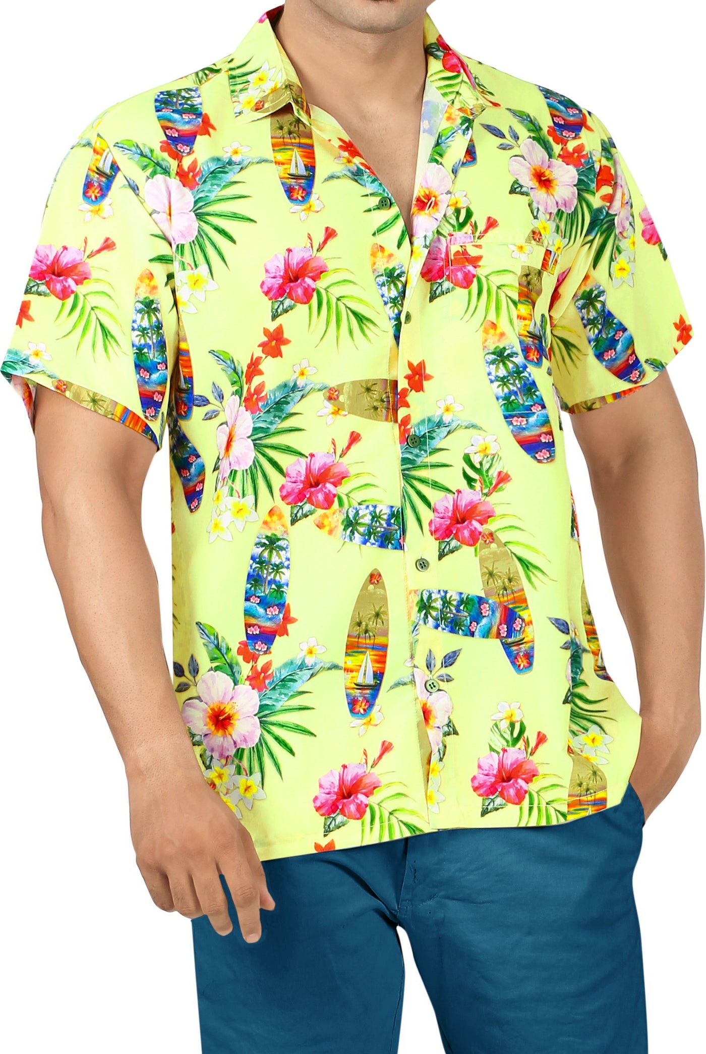 HAPPY BAY Men's Tropical Floral Hawaiian Shirt Cream P00082