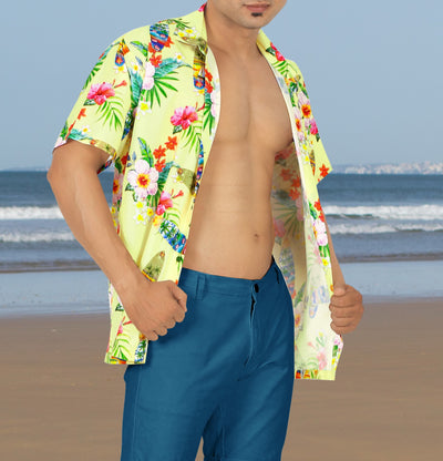HAPPY BAY Men's Tropical Floral Hawaiian Shirt Cream P00082