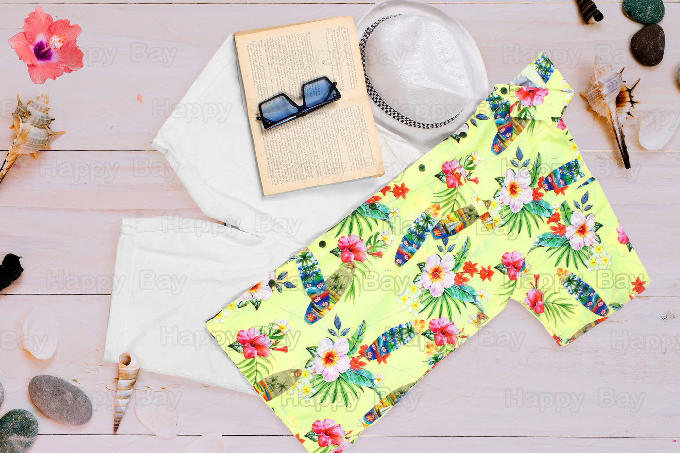 HAPPY BAY Men's Tropical Floral Hawaiian Shirt Cream P00082