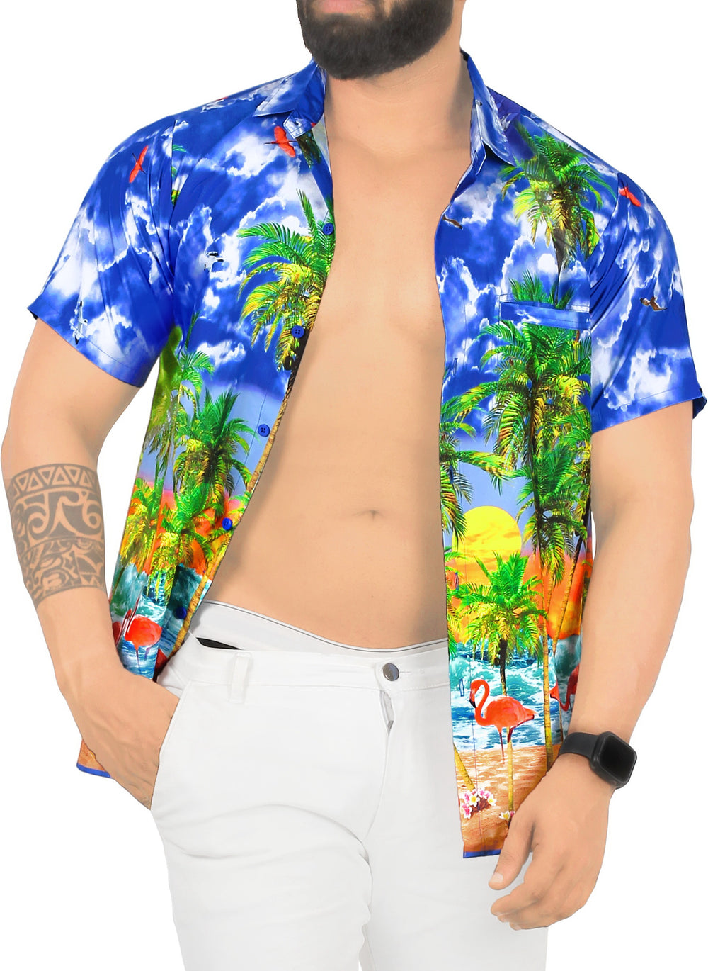 HAPPY BAY Men's Hawaiian Shirt Short Sleeve Button Down - Summer Vacation Beach Aloha Shirt Casual Relaxed Fit M Blue P00161