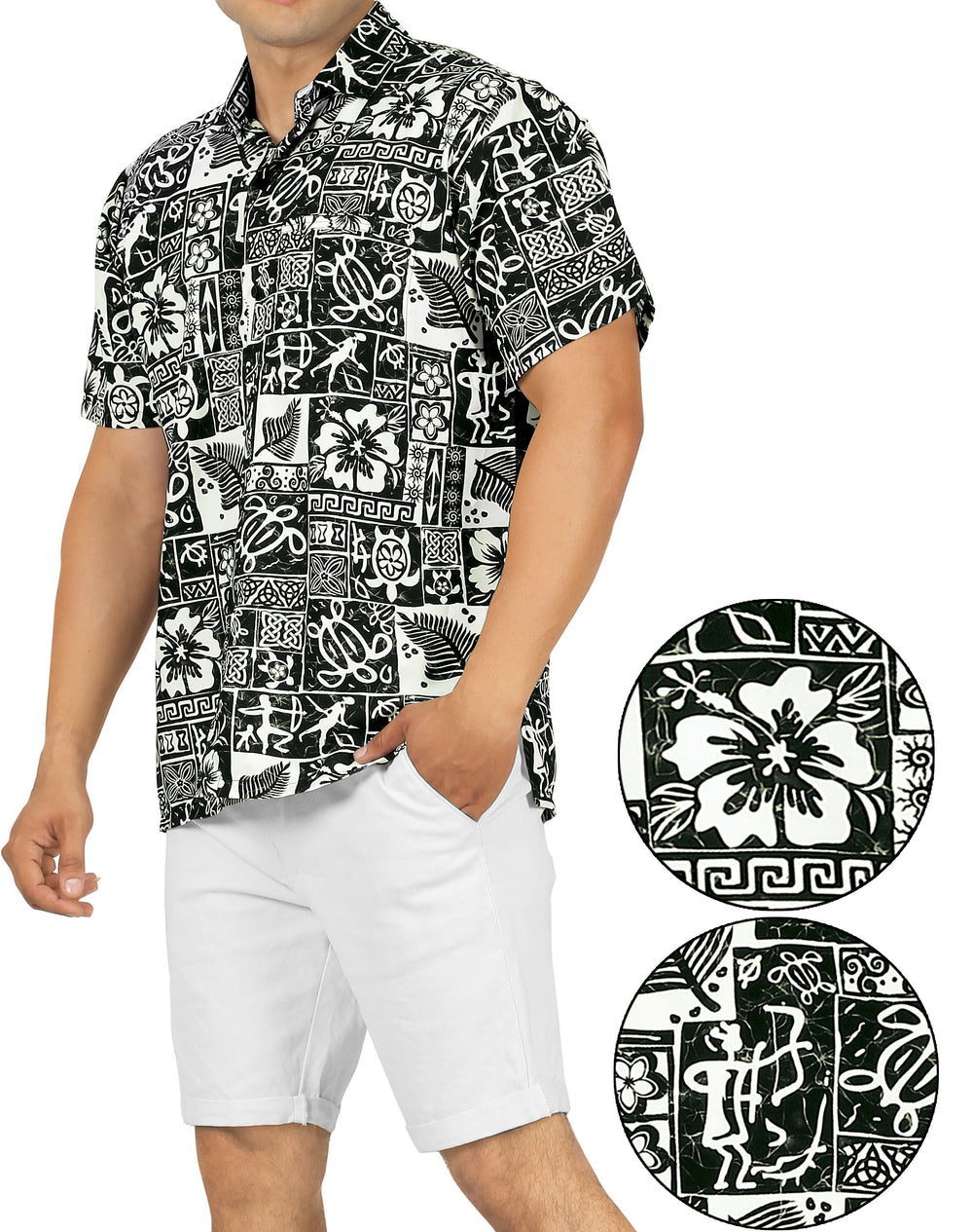 LA LEELA Men's Casual Button Down Shirt Short Sleeve - Summer Beach Resort Relaxed Fit Camp Shirt L Black P00181