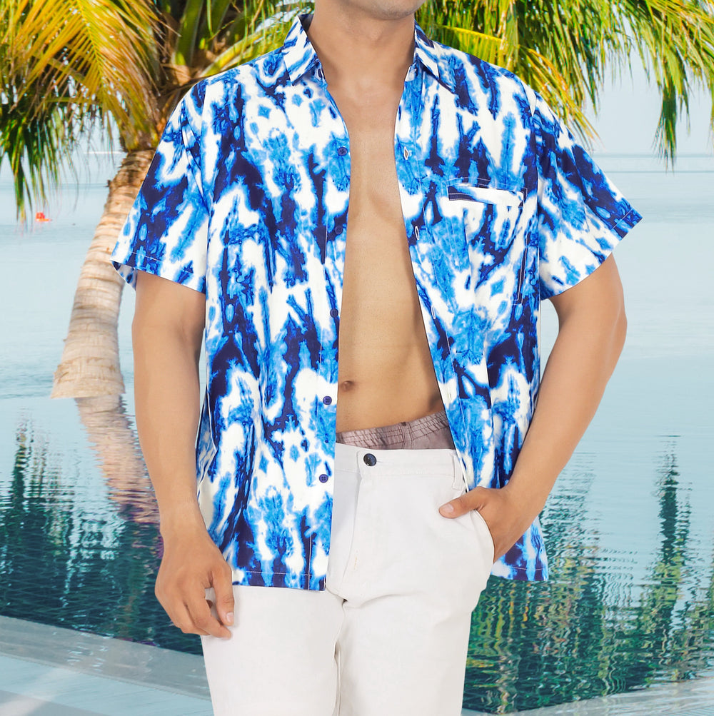 LA LEELA Men's Hawaiian Shirt Beach Wear - Summer Cruise Vacation Party Casual Button Down Aloha Shirt L Blue P00189
