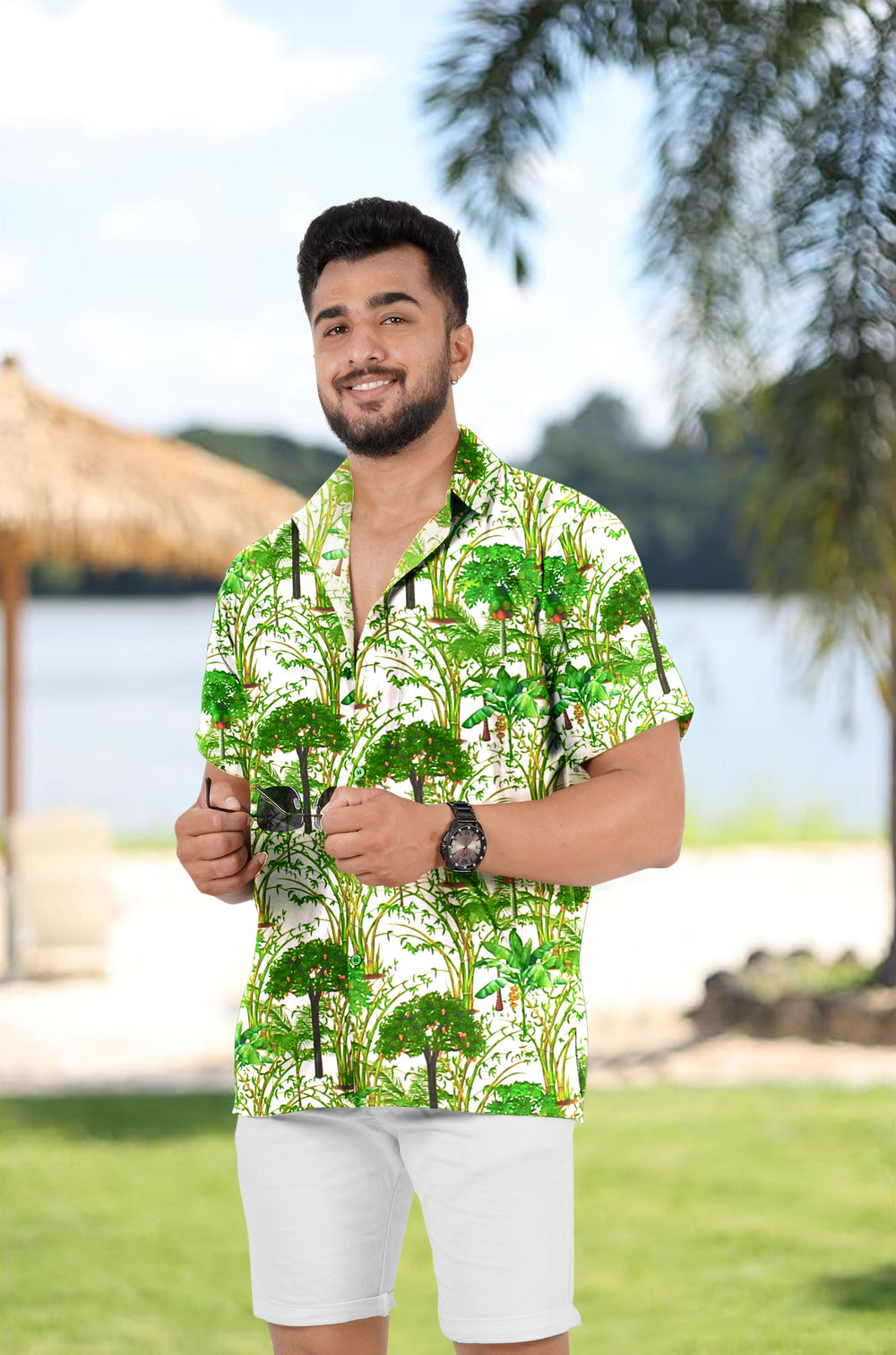 HAPPY BAY Men's Casual Hawaiian Shirt Short Sleeve - Beach Vacation Resort Wear Summer Button Down Aloha L Green P00229