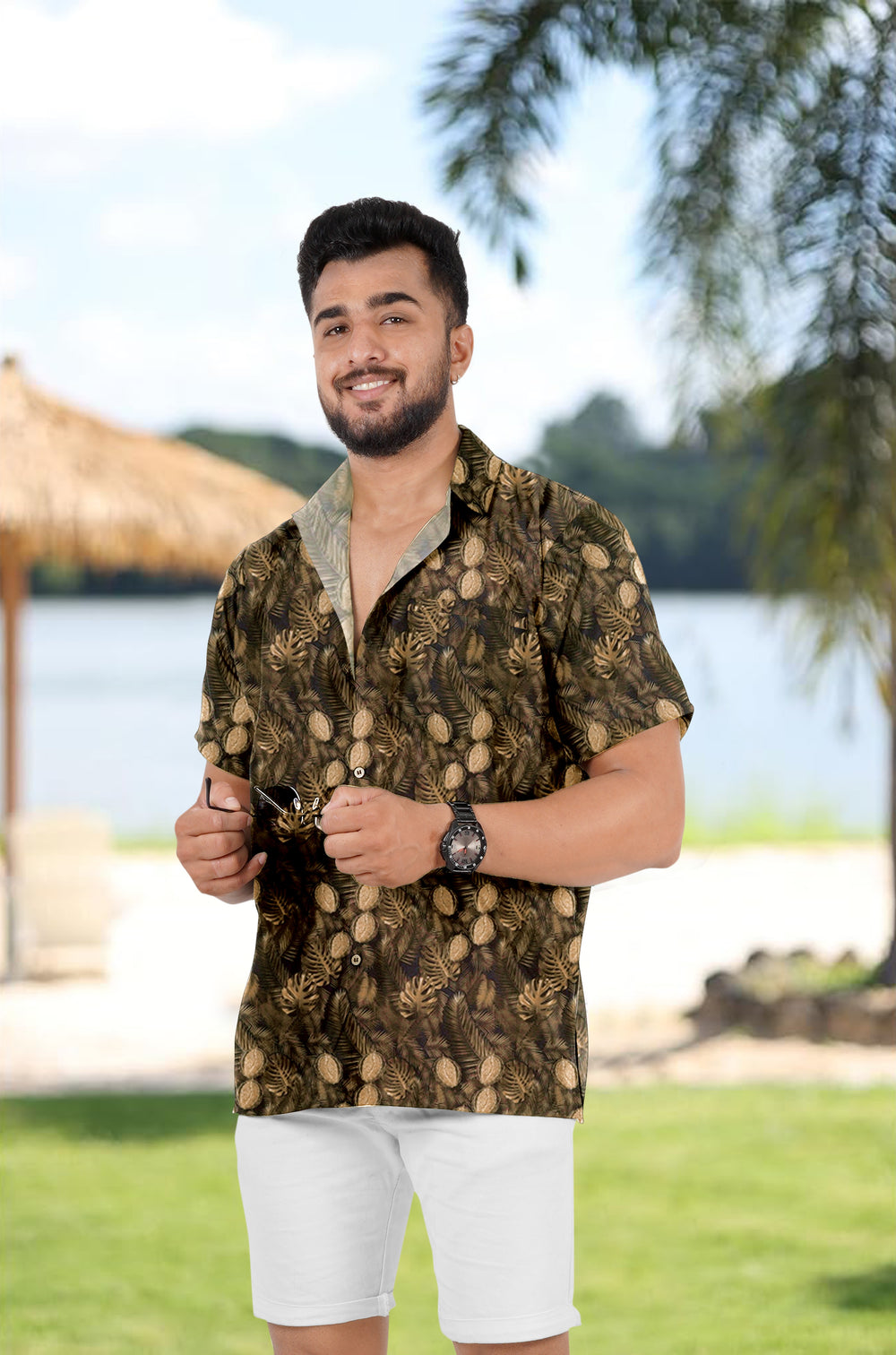 LA LEELA Men's Short Sleeve Casual Shirt - Summer Beach Button Down Classic Fit Camp Collar Resort Shirt M Brown P00337