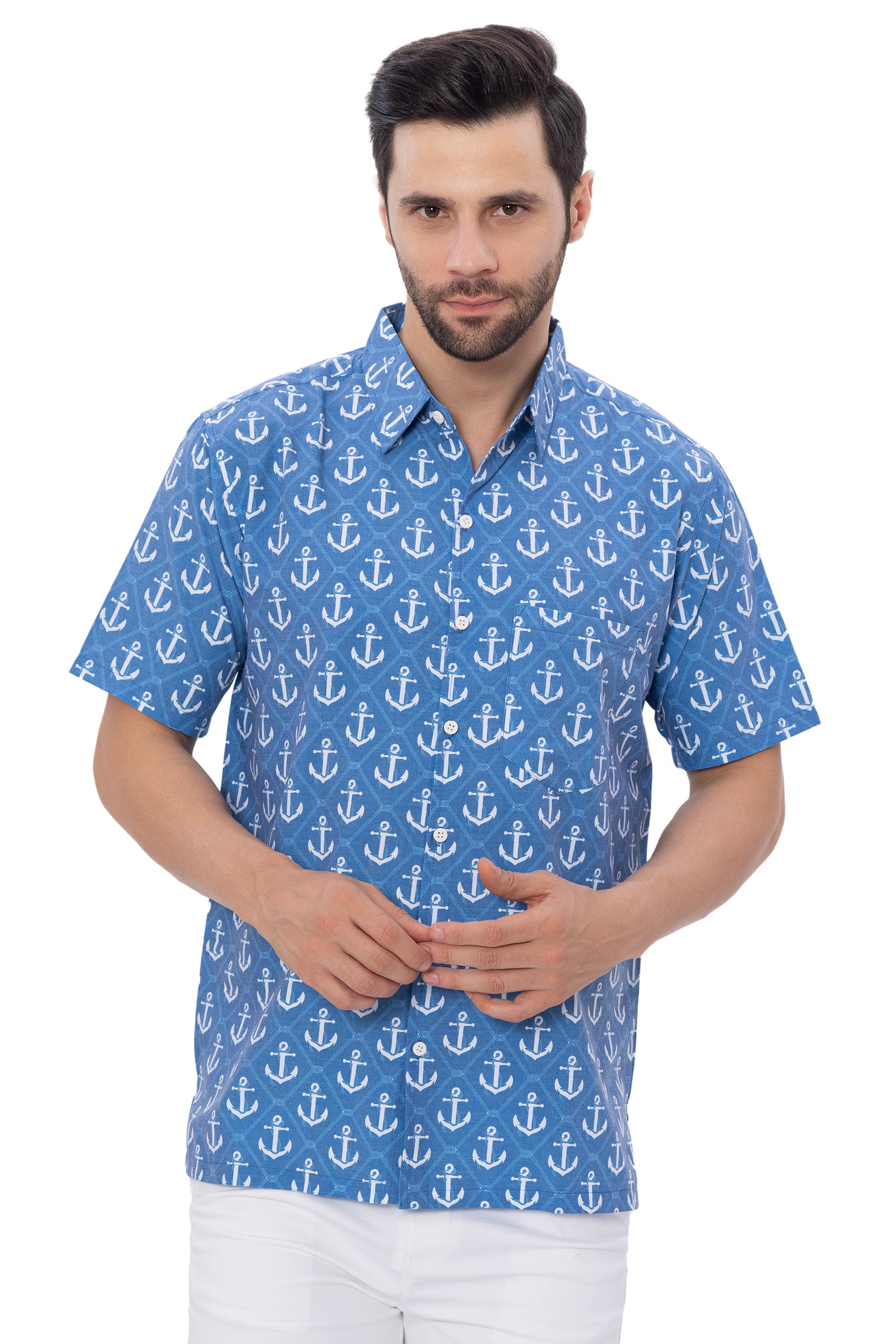 HAPPY BAY Blue Anchor Rayon Blend Men Shirts P00345
