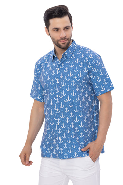 HAPPY BAY Blue Anchor Rayon Blend Men Shirts P00345