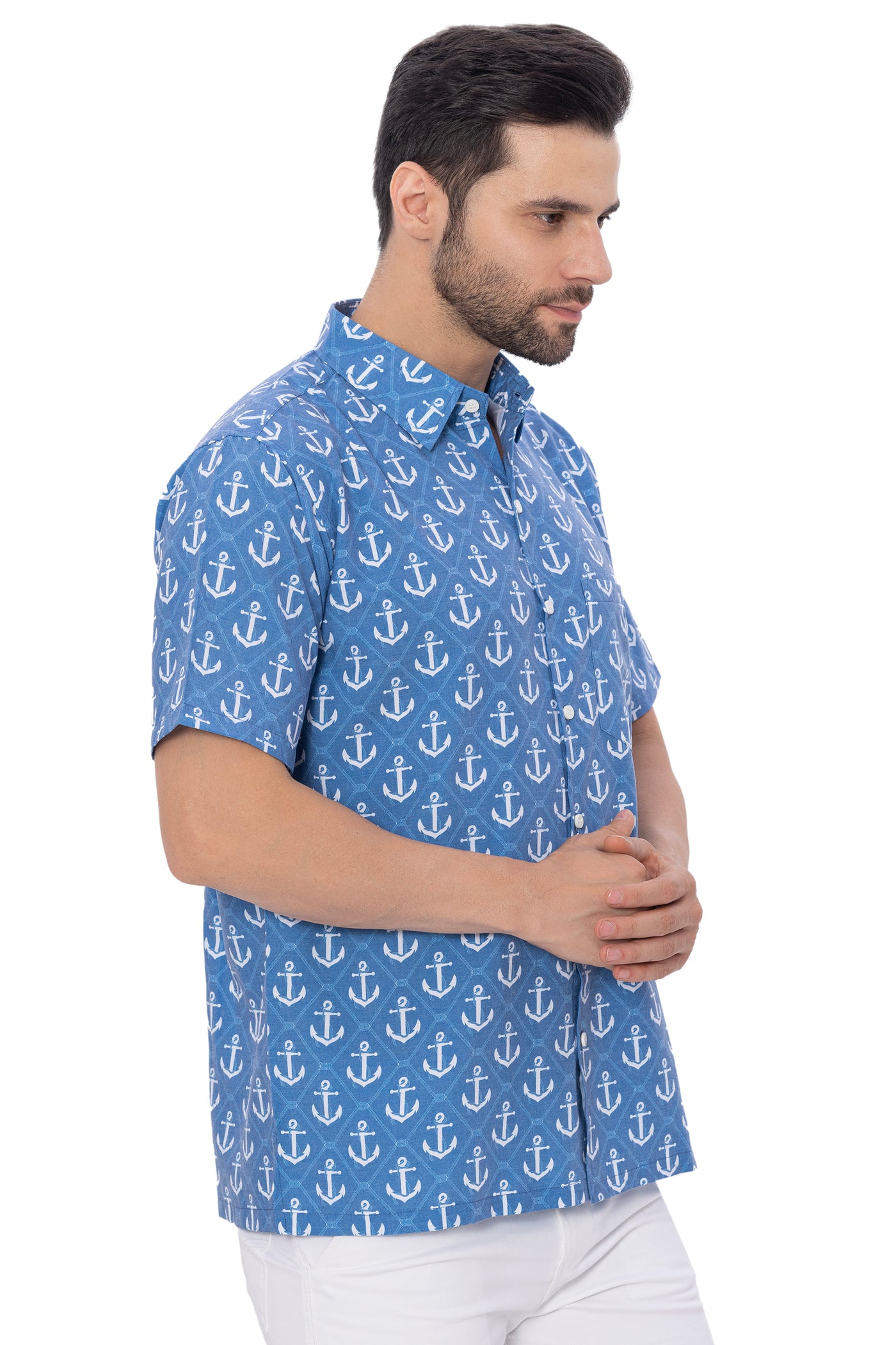 HAPPY BAY Blue Anchor Rayon Blend Men Shirts P00345