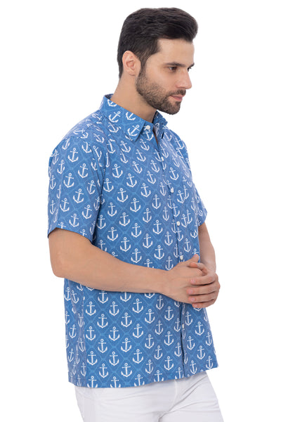 HAPPY BAY Blue Anchor Rayon Blend Men Shirts P00345