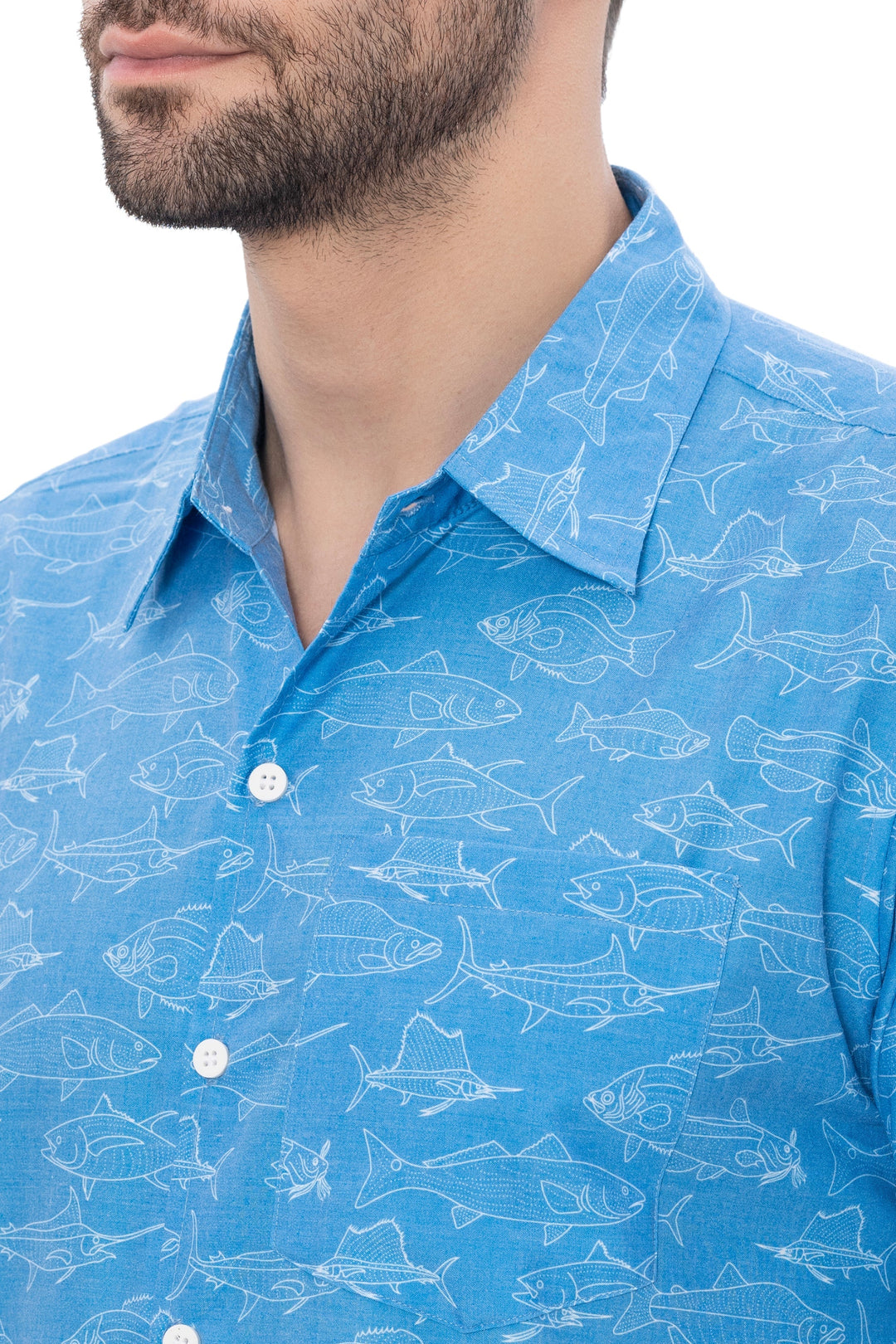 Oceanic Opulence Royal Blue &amp; White Fish-Printed Wood Pulp Blend Men&