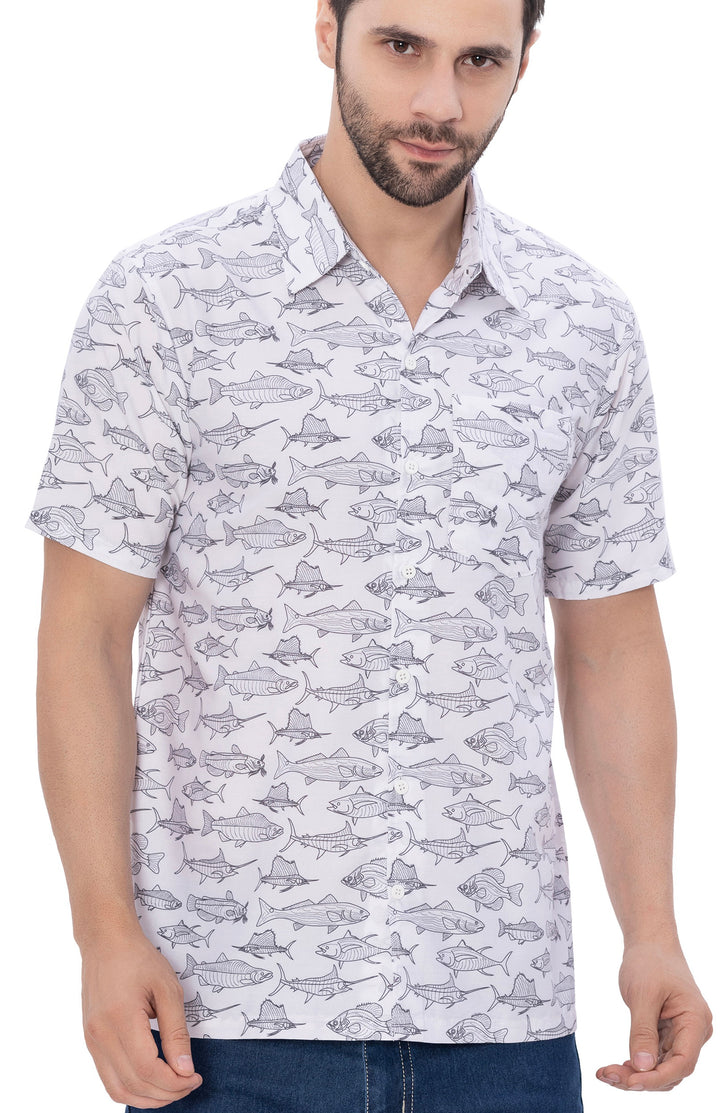 Oceanic Opulence White And Black Shark Fish Printed Wood Pulp Blend Men&