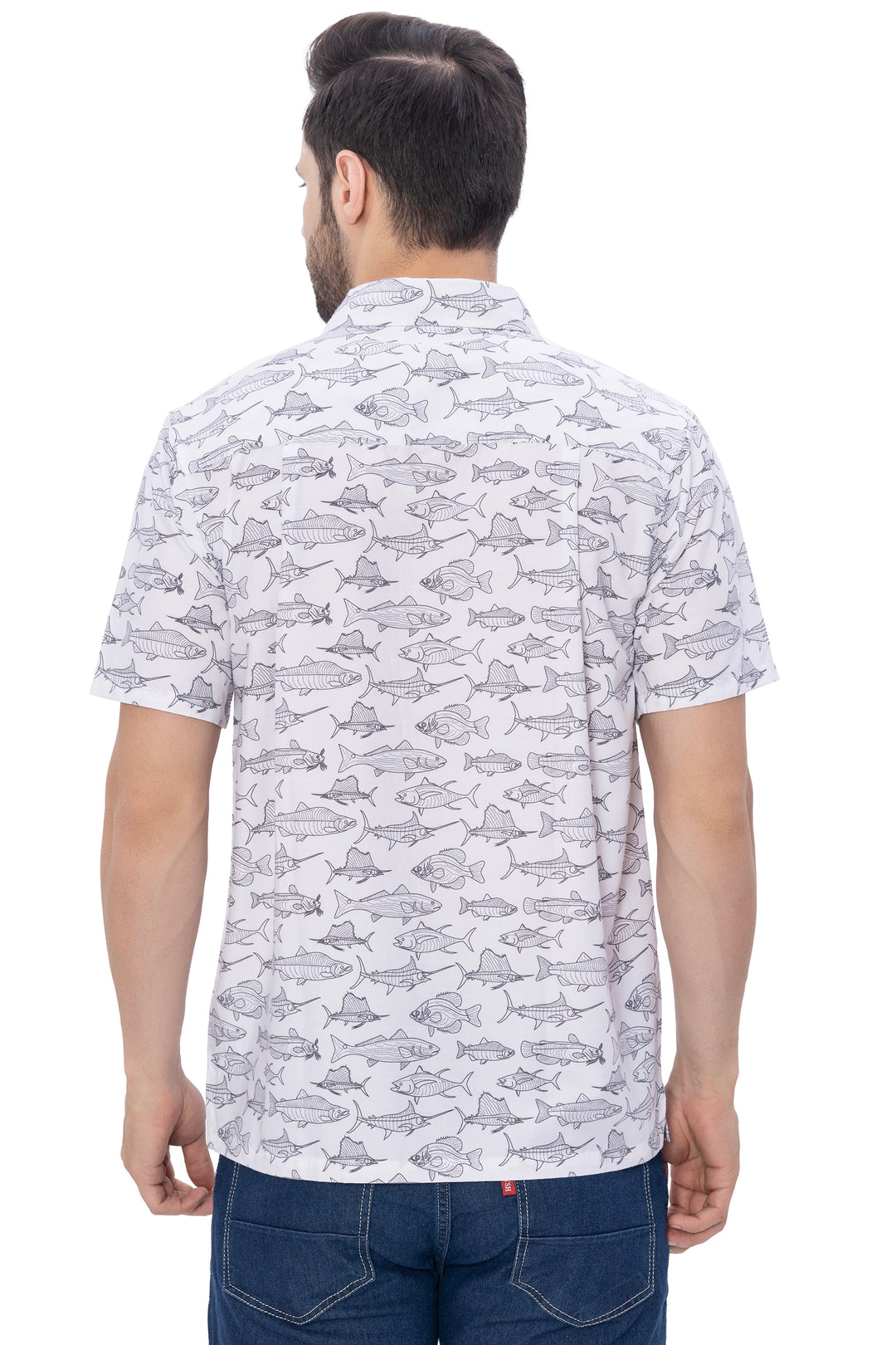 Oceanic Opulence White And Black Shark Fish Printed Wood Pulp Blend Men&