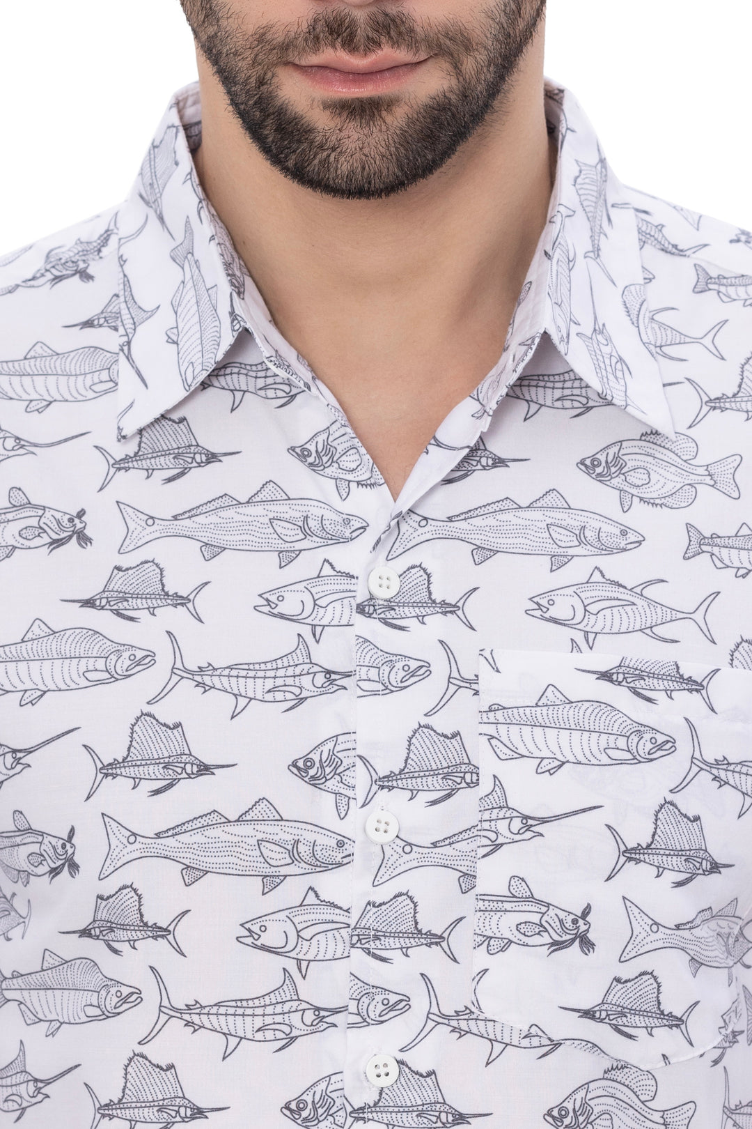 Oceanic Opulence White And Black Shark Fish Printed Wood Pulp Blend Men&