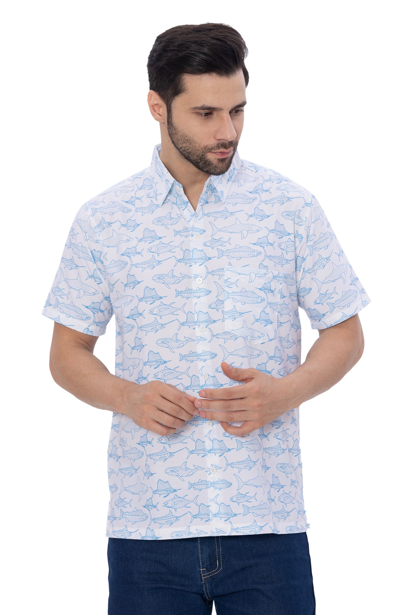 HAPPY BAY Men's Rayon Hawaiian Shirts Blue Dolphin P00349