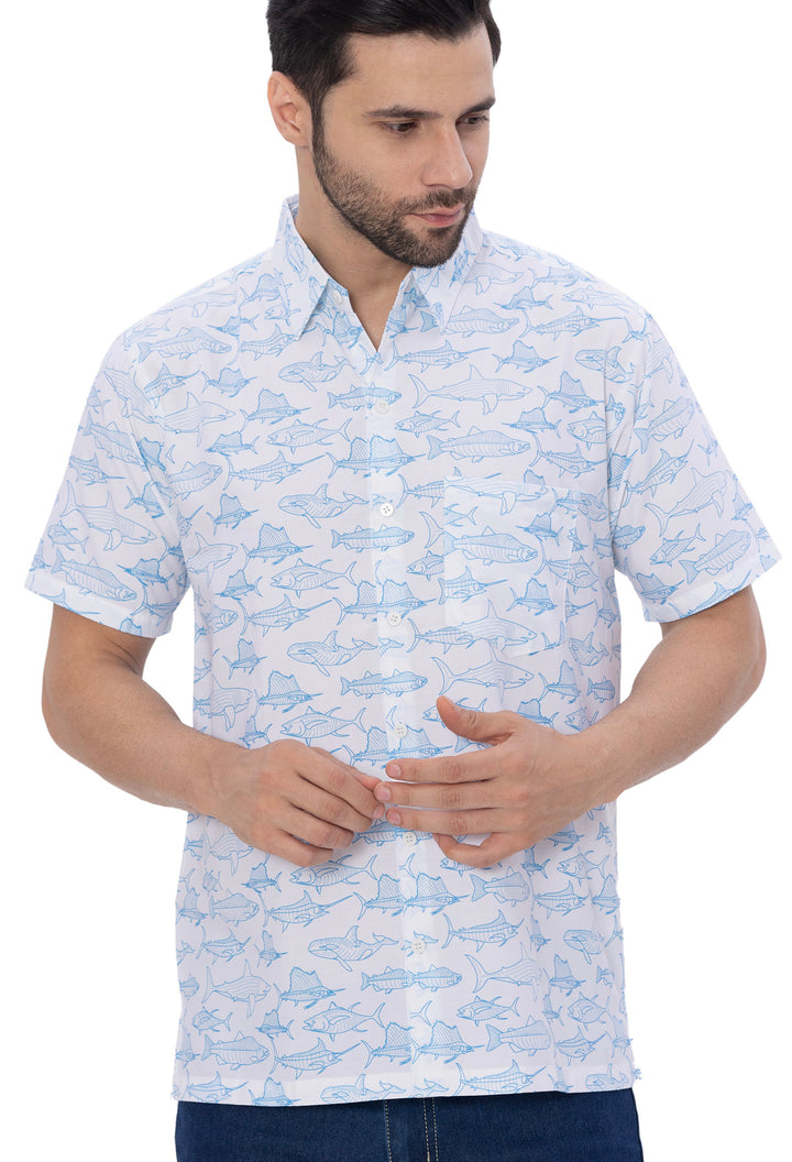 Oceanic Opulence White And Blue Fish Printed Wood Pulp Blend Men&