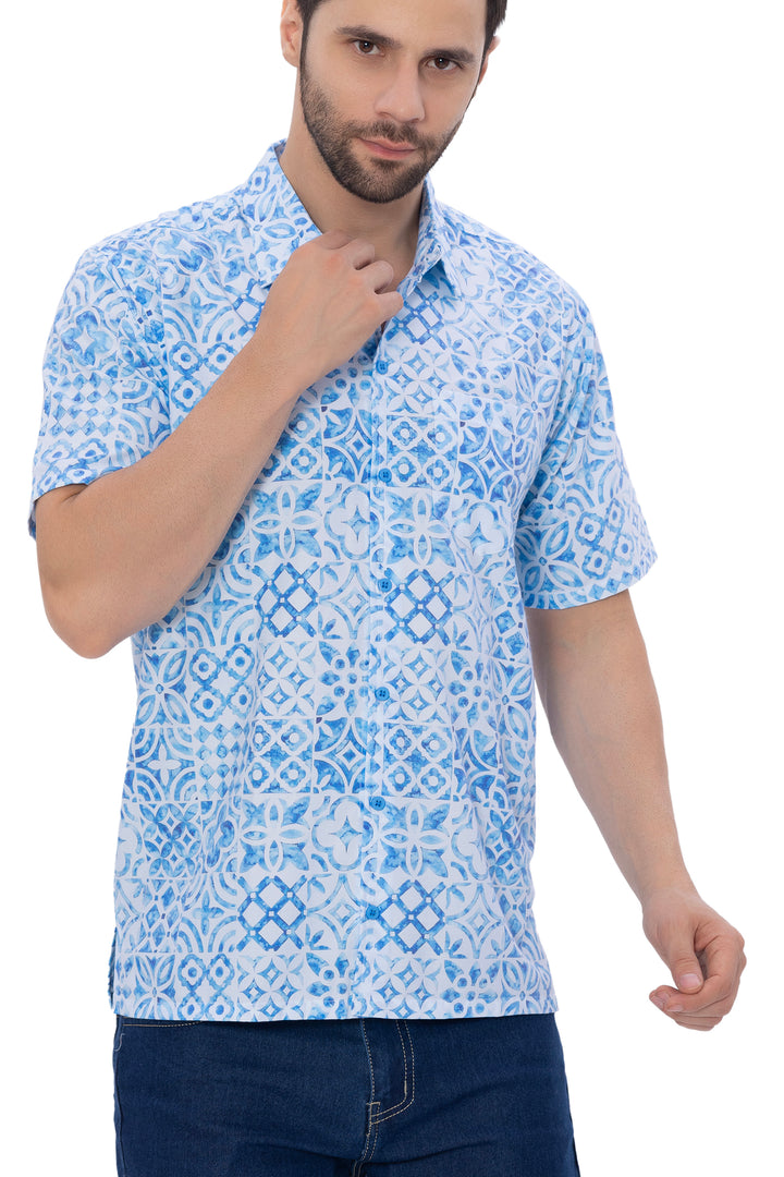 Dapper Geometry Blue Printed White Wood Pulp Blend Men&