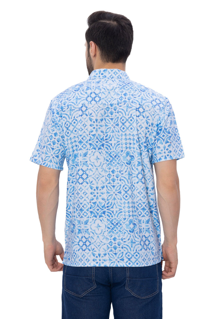 Dapper Geometry Blue Printed White Wood Pulp Blend Men&