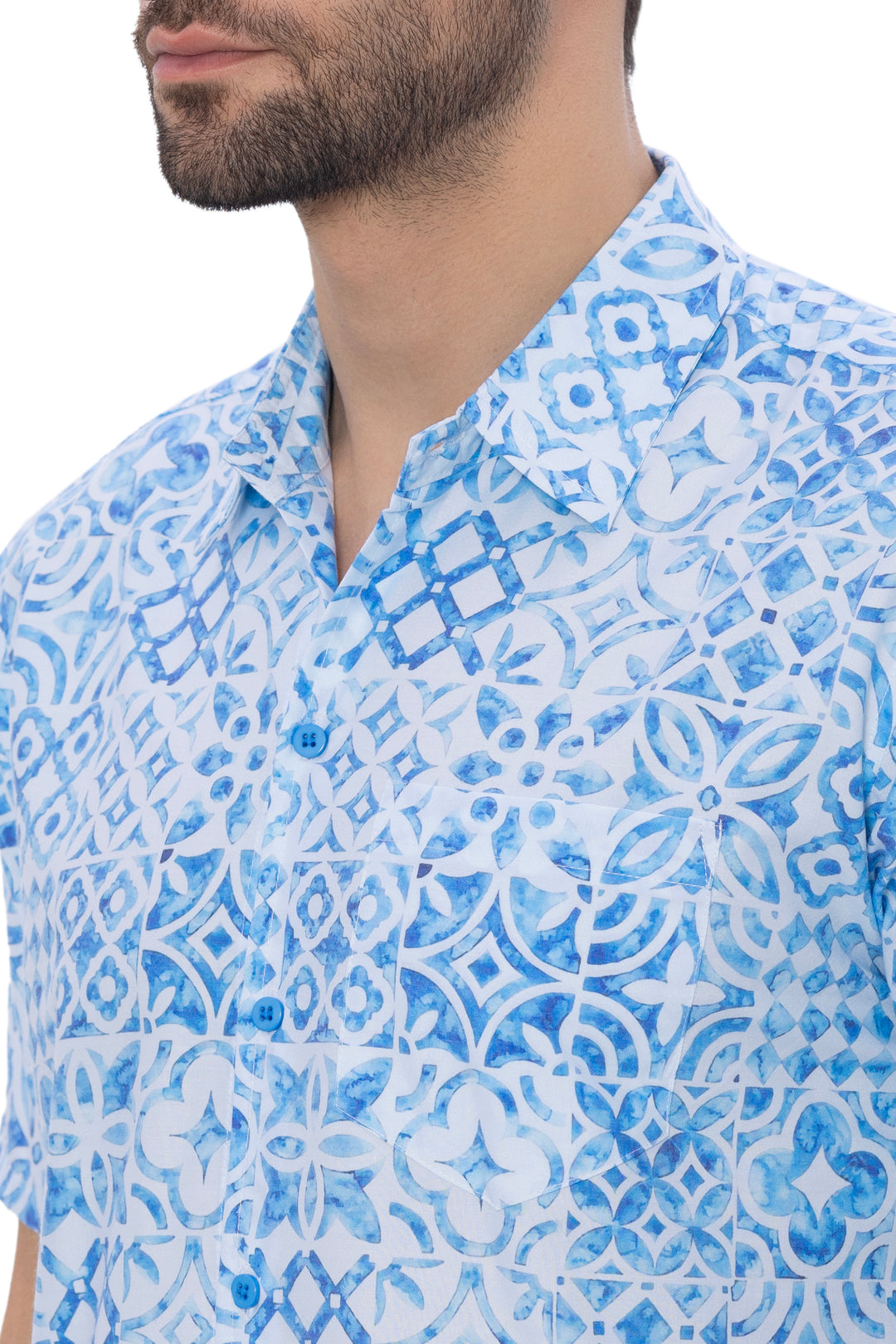 Dapper Geometry Blue Printed White Wood Pulp Blend Men&