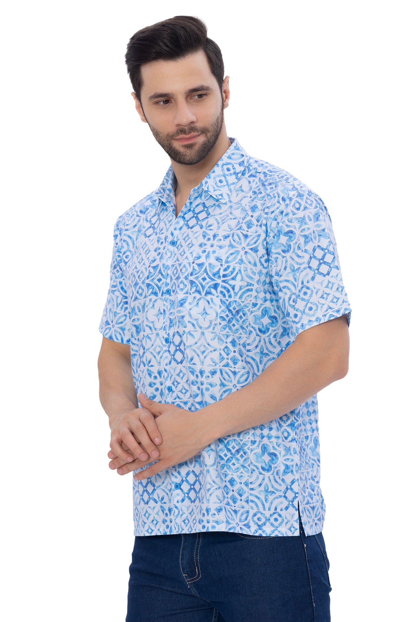 HAPPY BAY Mens Hawaiian Shirts Blue Tropical P00353