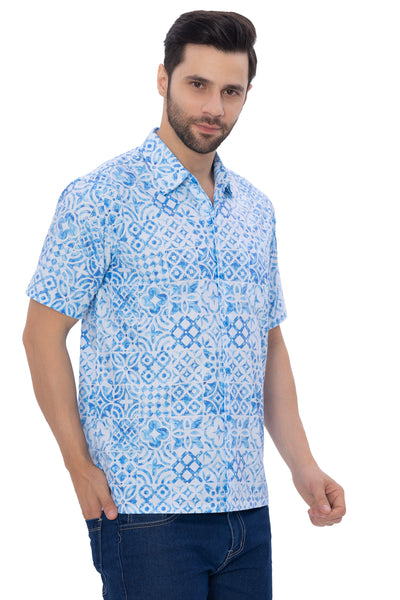 HAPPY BAY Mens Hawaiian Shirts Blue Tropical P00353