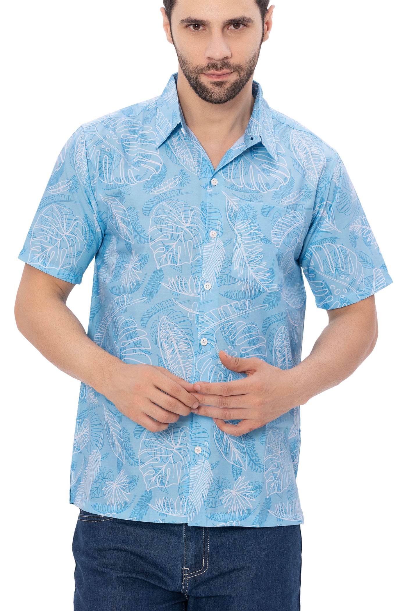 HAPPY BAY Mens Hawaiian Shirts White Hibiscus Leaf P00360