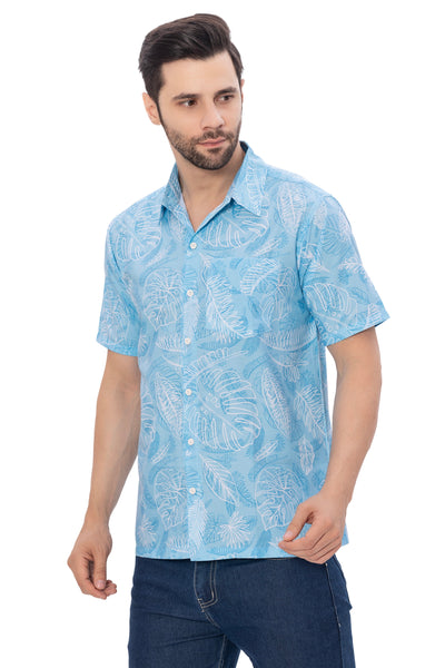 HAPPY BAY Mens Hawaiian Shirts White Hibiscus Leaf P00360