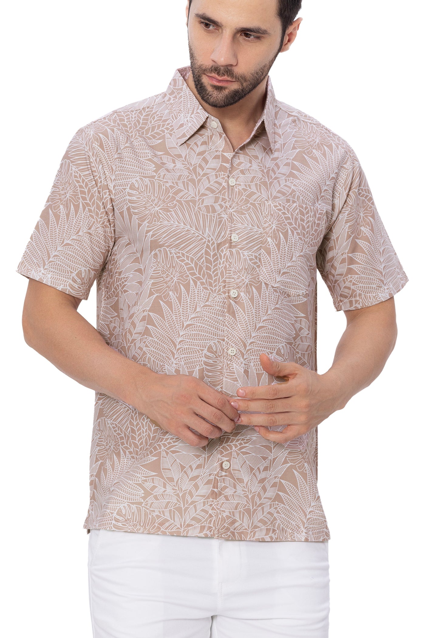 HAPPY BAY Mens Hawaiian Shirts White Allover Leafs P00366