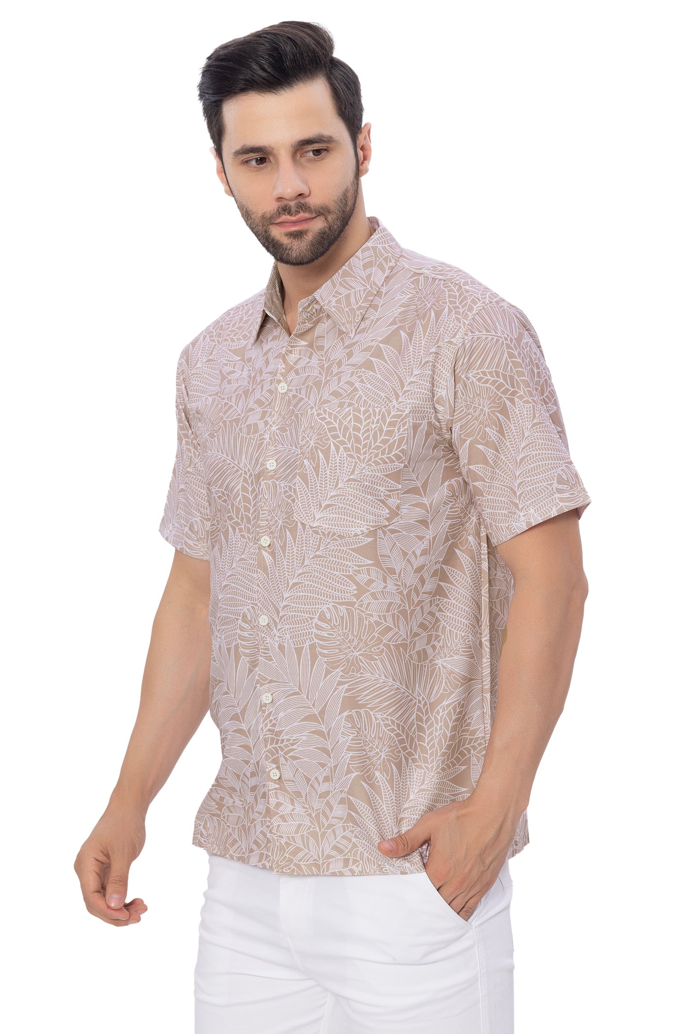 HAPPY BAY Mens Hawaiian Shirts White Allover Leafs P00366