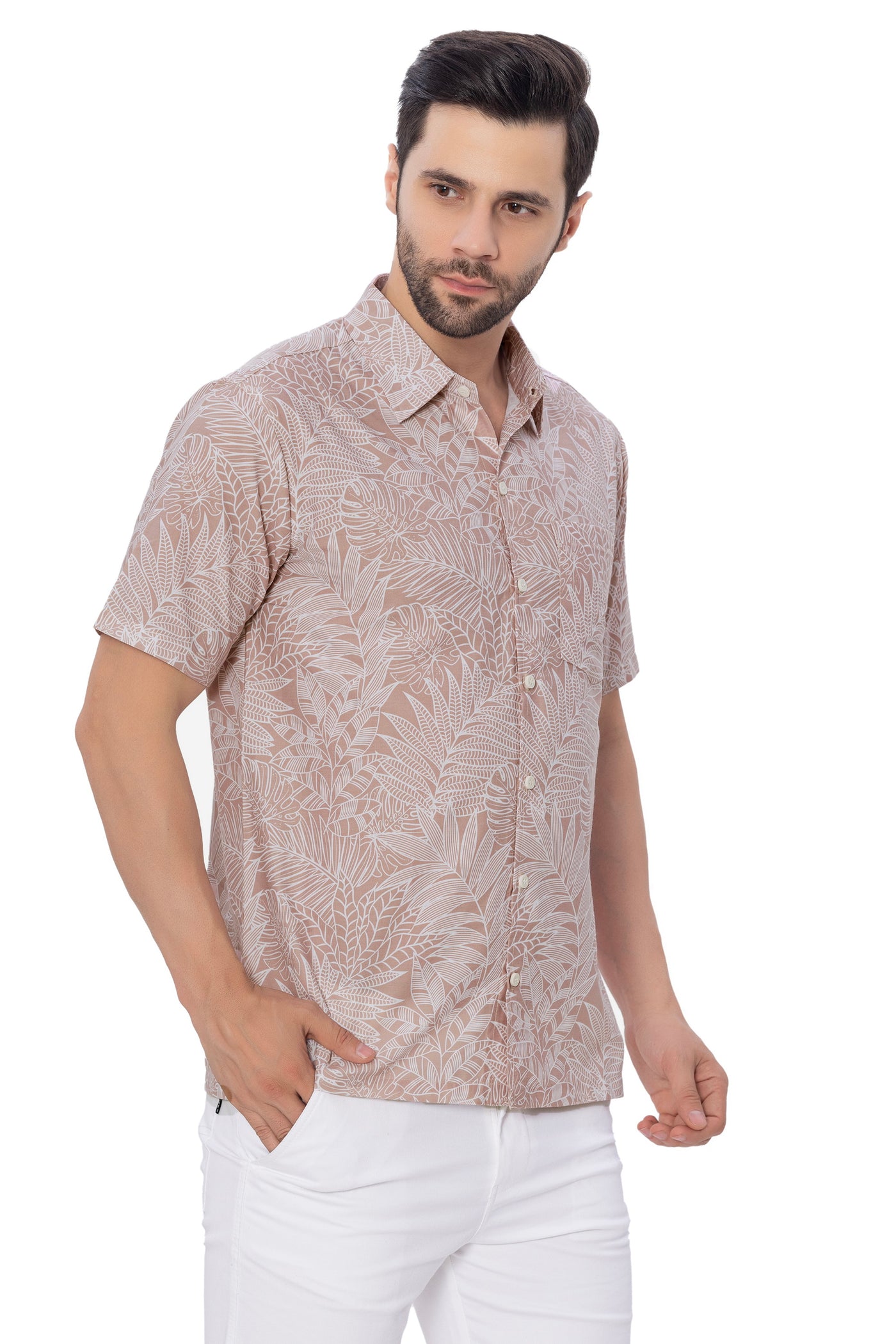 HAPPY BAY Mens Hawaiian Shirts White Allover Leafs P00366