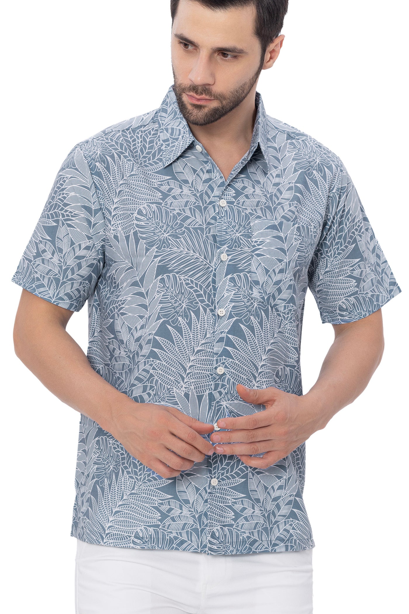 HAPPY BAY Mens Hawaiian Shirts White Tropical Leafs P00372