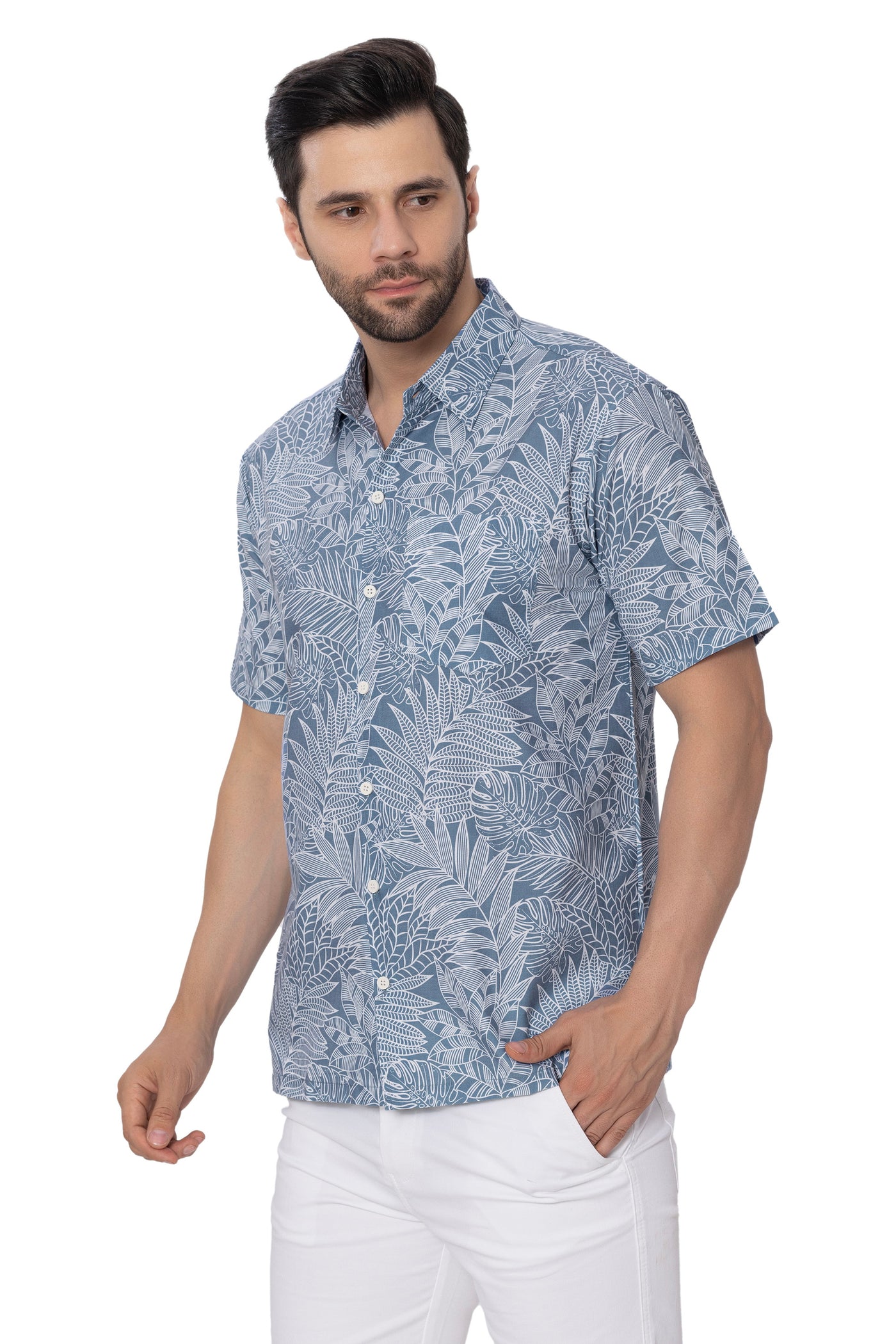 HAPPY BAY Mens Hawaiian Shirts White Tropical Leafs P00372