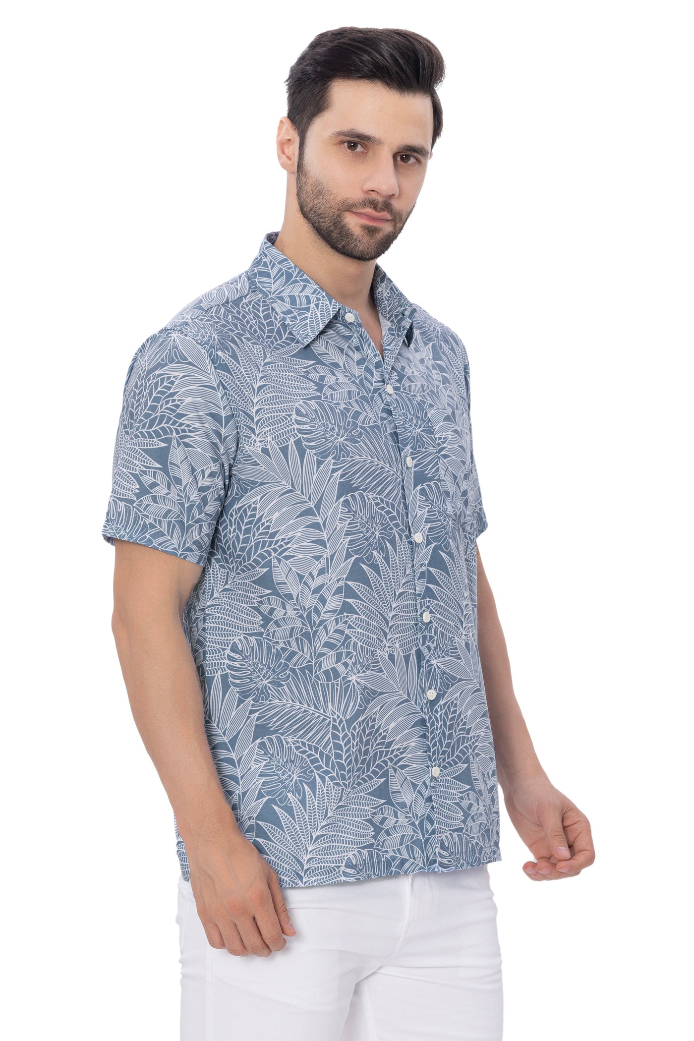 HAPPY BAY Mens Hawaiian Shirts White Tropical Leafs P00372