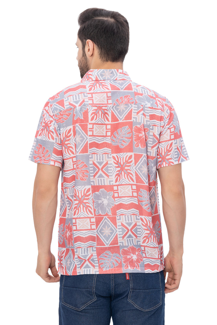 HAPPY BAY Linen Effect Mens Shirts Red Abstract Leafs P00397