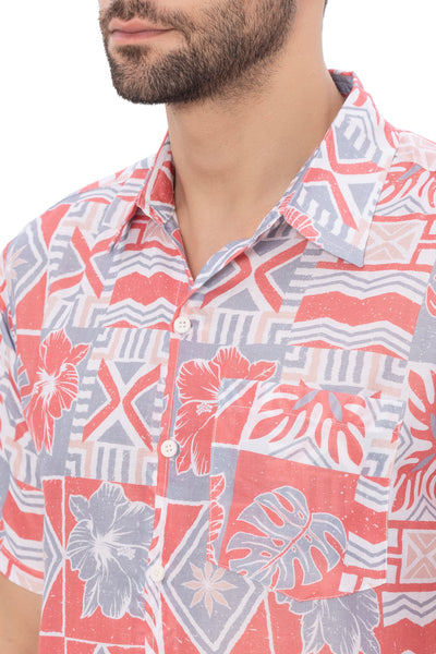 HAPPY BAY Linen Effect Mens Shirts Red Abstract Leafs P00397