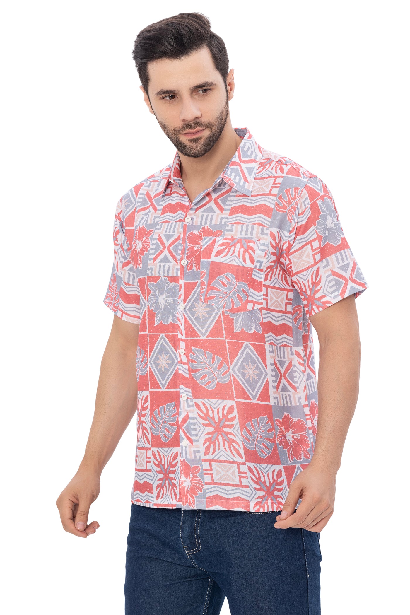 HAPPY BAY Linen Effect Mens Shirts Red Abstract Leafs P00397