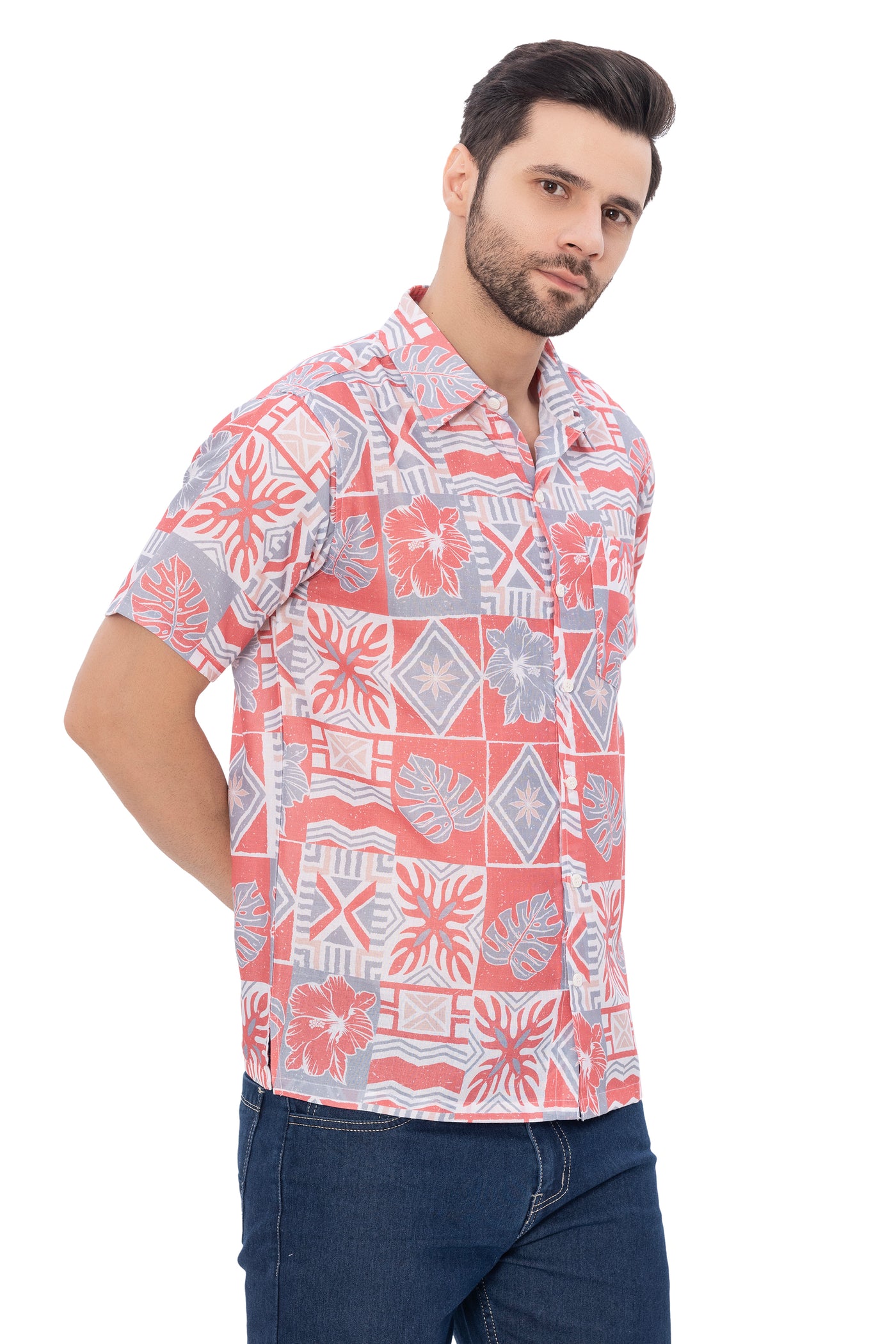 HAPPY BAY Linen Effect Mens Shirts Red Abstract Leafs P00397