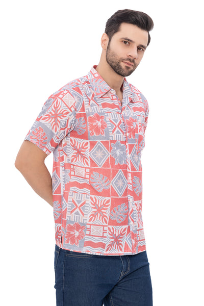 HAPPY BAY Linen Effect Mens Shirts Red Abstract Leafs P00397