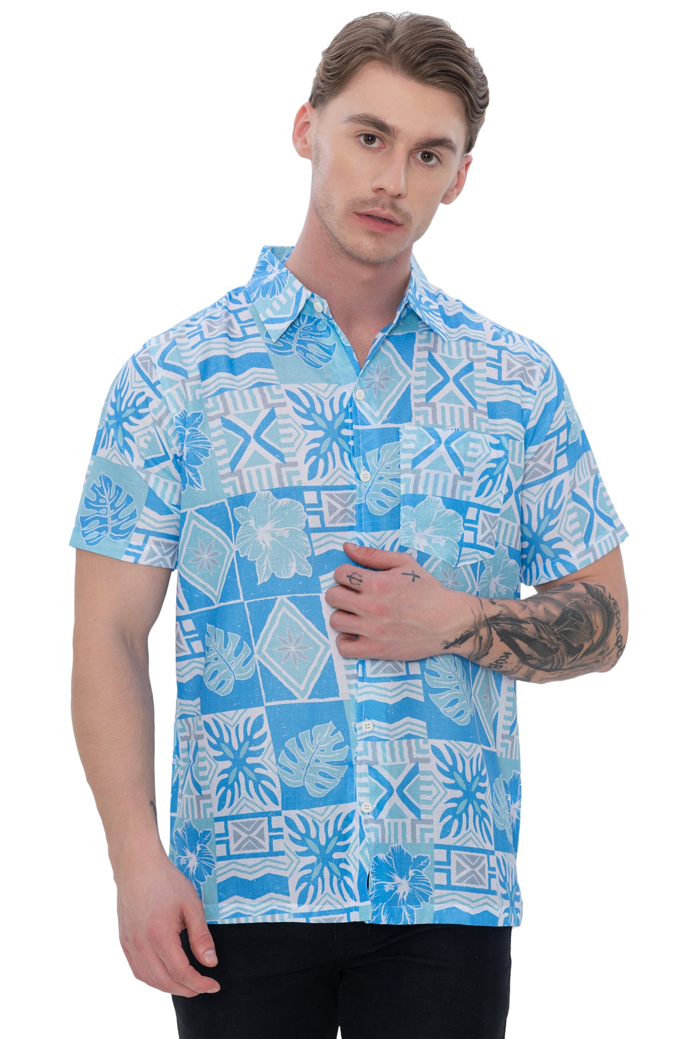 HAPPY BAY Mens Hawaiian Shirts Blue Tropical P00399